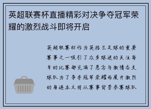 英超联赛杯直播精彩对决争夺冠军荣耀的激烈战斗即将开启
